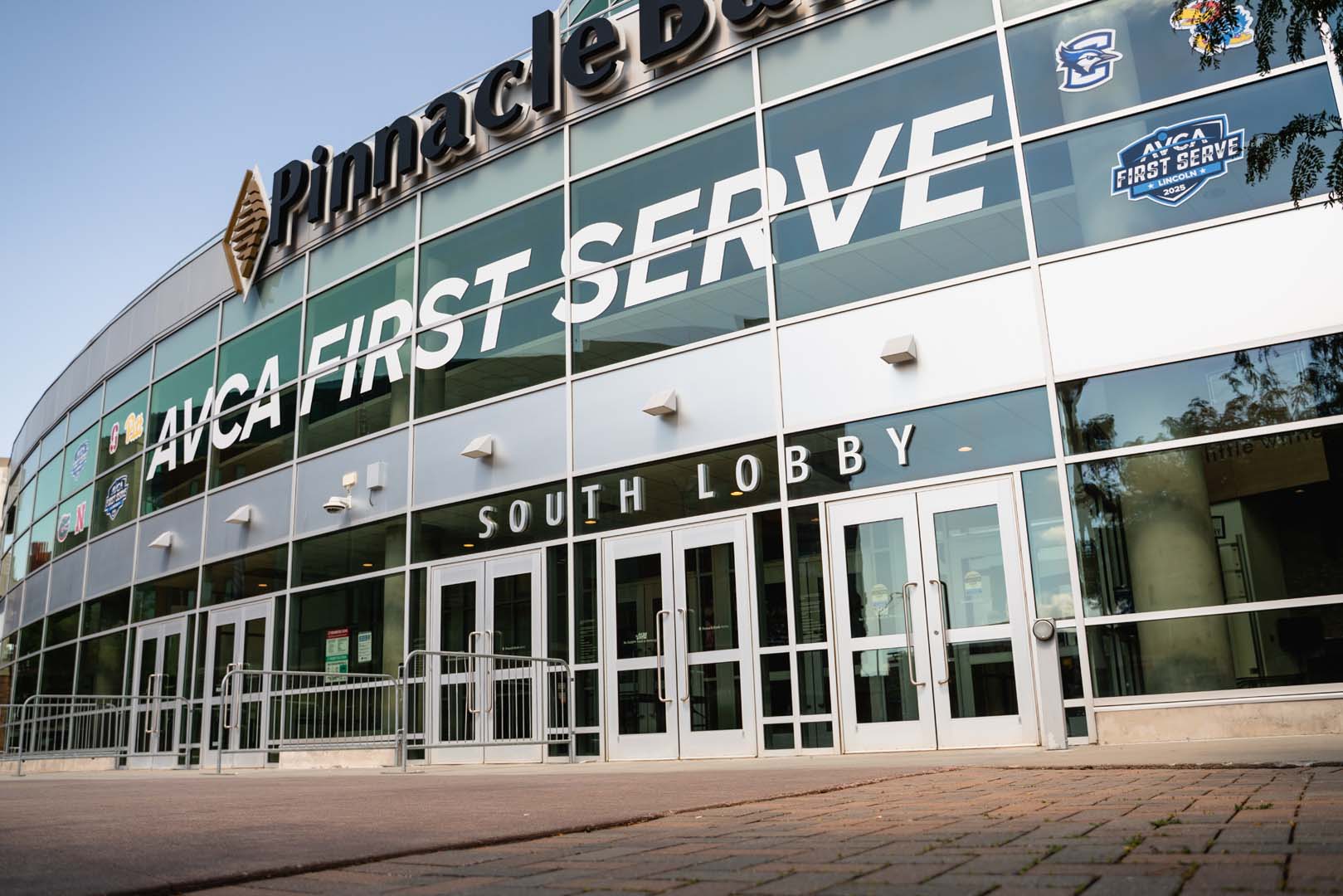 Glass and aluminium entrance doors at the south lobby of Pinnacle Bank Arena in Lincoln